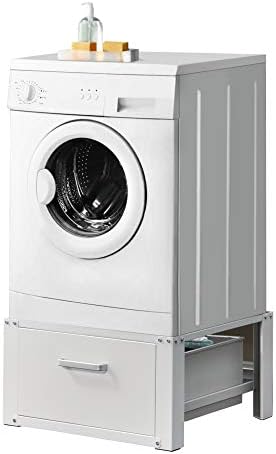 [en.casa] Kit de Superposition Intercalaire Lave-Linge Sèche-Linge Support de Lave-Linge avec Tiroir Acier Aluminium Blanc 63 x 54 x 31 cm