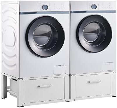 [en.casa] Double Socle avec Tiroir pour Machine à Laver Support Deux Places Lave-Linges Standard Pieds Antidérapants Capacité de Charge 150 kg Acier 127 x 54 x 31 cm Blanc