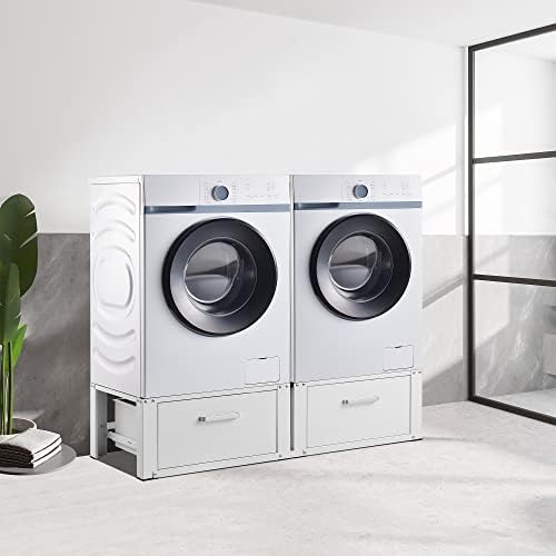 [en.casa] Double Socle avec Tiroir pour Machine à Laver Support Deux Places Lave-Linges Standard Pieds Antidérapants Capacité de Charge 150 kg Acier 127 x 54 x 31 cm Blanc - Image 2