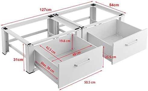 [en.casa] Double Socle avec Tiroir pour Machine à Laver Support Deux Places Lave-Linges Standard Pieds Antidérapants Capacité de Charge 150 kg Acier 127 x 54 x 31 cm Blanc - Image 4