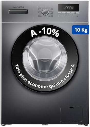 Lave-linge frontal GEDTECH GLL101400DG - 10 Kgs - 1400 tr/mn - 16 programmes - Eco - Intensif - Rapide – Très Faible conso A-10%