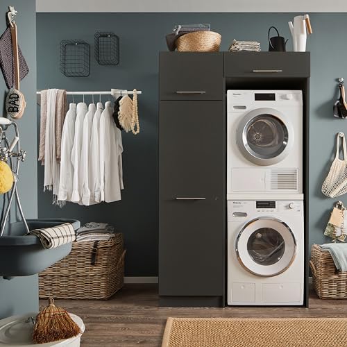 Stella Trading LAUNDREEZY Armoire pour lave-linge et sèche-linge, armoire multi-usages et rehausse d'armoire, anthracite - Armoire pratique en surplomb pour lave-linge - 117,5 x 200 x 67,5 cm (L/H/P) - Image 2