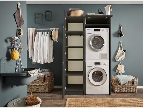 Stella Trading LAUNDREEZY Armoire pour lave-linge et sèche-linge, armoire multi-usages et rehausse d'armoire, anthracite - Armoire pratique en surplomb pour lave-linge - 117,5 x 200 x 67,5 cm (L/H/P) - Image 3