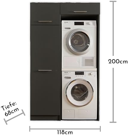 Stella Trading LAUNDREEZY Armoire pour lave-linge et sèche-linge, armoire multi-usages et rehausse d'armoire, anthracite - Armoire pratique en surplomb pour lave-linge - 117,5 x 200 x 67,5 cm (L/H/P) - Image 4