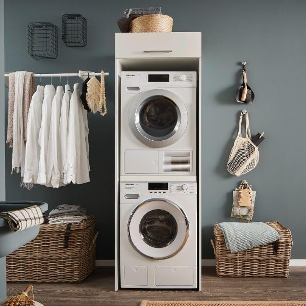 Stella Trading LAUNDREEZY Armoire pour lave-linge et sèche-linge, blanc - Armoire de superposition pratique pour lave-linge - 67,5 x 200 x 67,5 cm (L/H/P) - Image 2