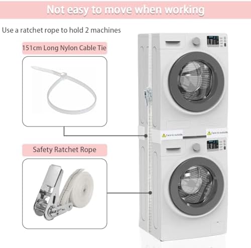 NIUXX Kit de Superposition Universel, support de raccordement pour lave-linge et sèche-linge, Équipé d'attaches en nylon et de sangles à cliquet, taille réglable (45-64 cm) - Image 3