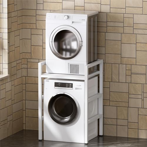 MSFE Meuble étagère de Rangement Dessus Machine à Laver,Kit d'empilage pour Lave-linge et Sèche-linge à Chargement Frontal,3 Hauteurs Réglables,Capacité de Charge de 350kg,73*64*110cm,Produit Breveté