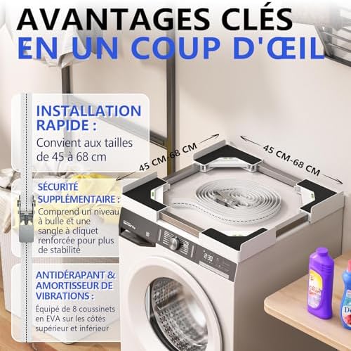 JHCHU Kit de superposition universel pour lave-linge et sèche-linge - Cadre réglable 45 à 68 cm - Idéal pour connexion de machine à laver et sèche-linge (blanc) - Image 2
