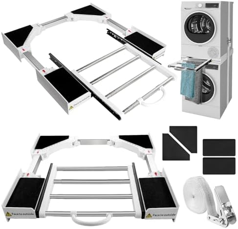 Zanfqvo Kit de Superposition Lave Linge Seche Linge - Cadre Intermédiaire Universel avec Tablette Coulissante et Corde à Cliquet - Accessoires pour Lave-linge/Sèche-linge - Réglable 46-72cm