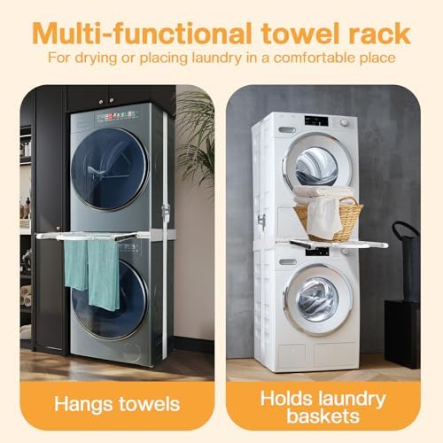 Zanfqvo Kit de Superposition Lave Linge Seche Linge - Cadre Intermédiaire Universel avec Tablette Coulissante et Corde à Cliquet - Accessoires pour Lave-linge/Sèche-linge - Réglable 46-72cm - Image 3