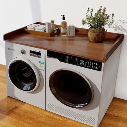 Evjocoh Comptoir en bois pour lave-linge, comptoir de linge avec rails de bord, coussinets antidérapants, housse de protection pour machine à laver et sèche-linge
