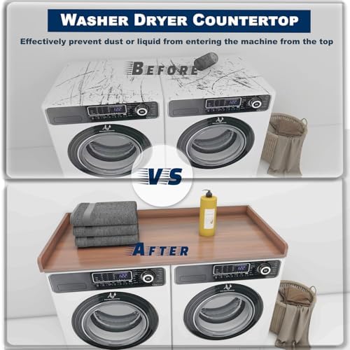 Evjocoh Comptoir en bois pour lave-linge, comptoir de linge avec rails de bord, coussinets antidérapants, housse de protection pour machine à laver et sèche-linge - Image 3