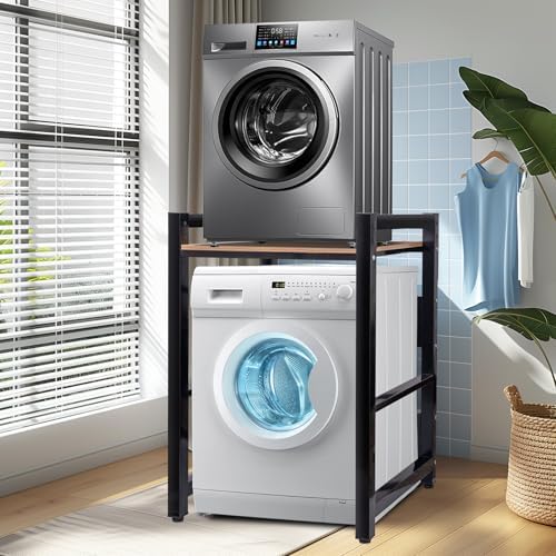 JXZ Meuble Machine à Laver et Seche Linge, Superposition Lave Linge Seche Linge, 3 Hauteurs Réglables, Capacité Charge 300kg pour Buanderie Salon Salle De Bain Cuisine Balcon (Noir B)