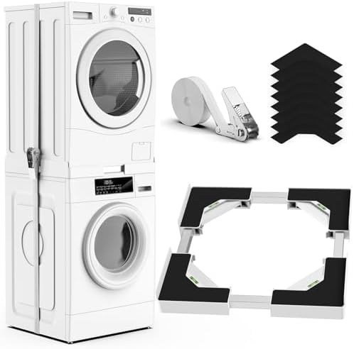 YUZEER Kit de Superposition Universel pour Lave-linge et Sèche-linge, avec Corde à Cliquet, Taille du Cadre de Superposition Réglable, Convient aux Lave-linge et Sèche-linge de 45 à 68 cm(Blanc)
