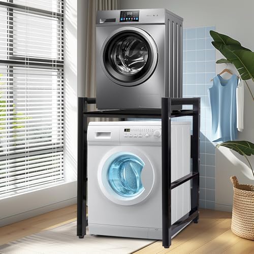 JXZ Meuble Machine à Laver et Seche Linge, Superposition Lave Linge Seche Linge, 3 Hauteurs Réglables, Capacité Charge 300kg pour Buanderie Salon Salle De Bain Cuisine Balcon (Noir D)