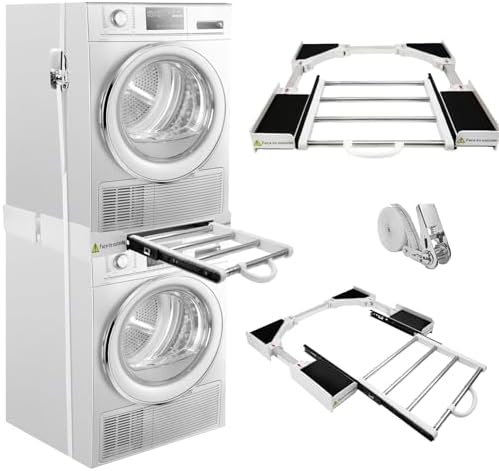 Kit de Superposition Universel, Cadre intermédiaire avec porte-serviettes extensible pour machine à laver, sèche-linge, Taille réglable (42-70 cm), Universel Cadre Intermédiaire avec Corde à Cliquet