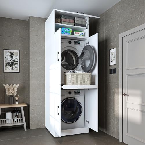 ROOMART Dora Armoire de machine à laver, pour sèche-linge et machine à laver, en 4 couleurs, avec portes et planche coulissante (blanc, 230 cm de haut -)