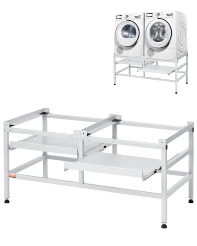 VEVOR Socle Machine à Laver 1230x635 cm Support Lave-Linge Double Plateau, Charge 267 kg, Base Piédestal de Laveuse 4 Pieds Réglables, Acier Carbone, pour Buanderie Facilite Drainage Soulever Sécheuse