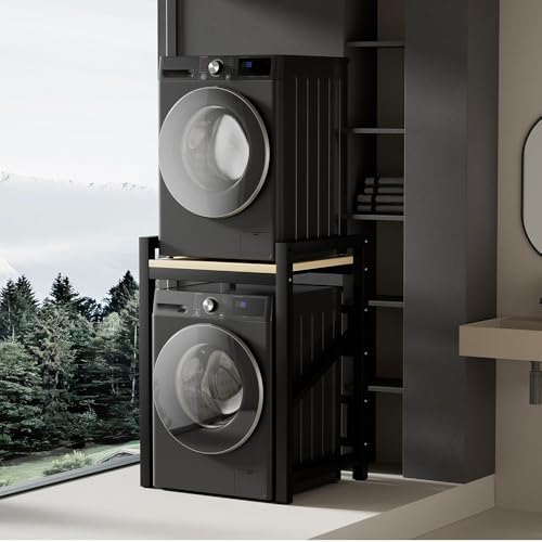 Qcesorib Meuble Dessus Machine a Laver avec Étagère, Superposition Lave Linge Seche Linge, Étagère Machine à Laver avec Pieds en Bas, pour Buanderie Salle de Bain, Noir/Blanc