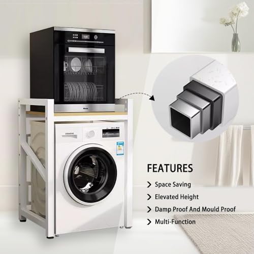 Meuble Machine à Laver Réglables, Meuble Machine à Laver et Seche Linge, Meuble de Rangement Machine a Laver en Acier et Bois Massif, Capacité de Charge 300kg, 73x63x105cm - Image 3